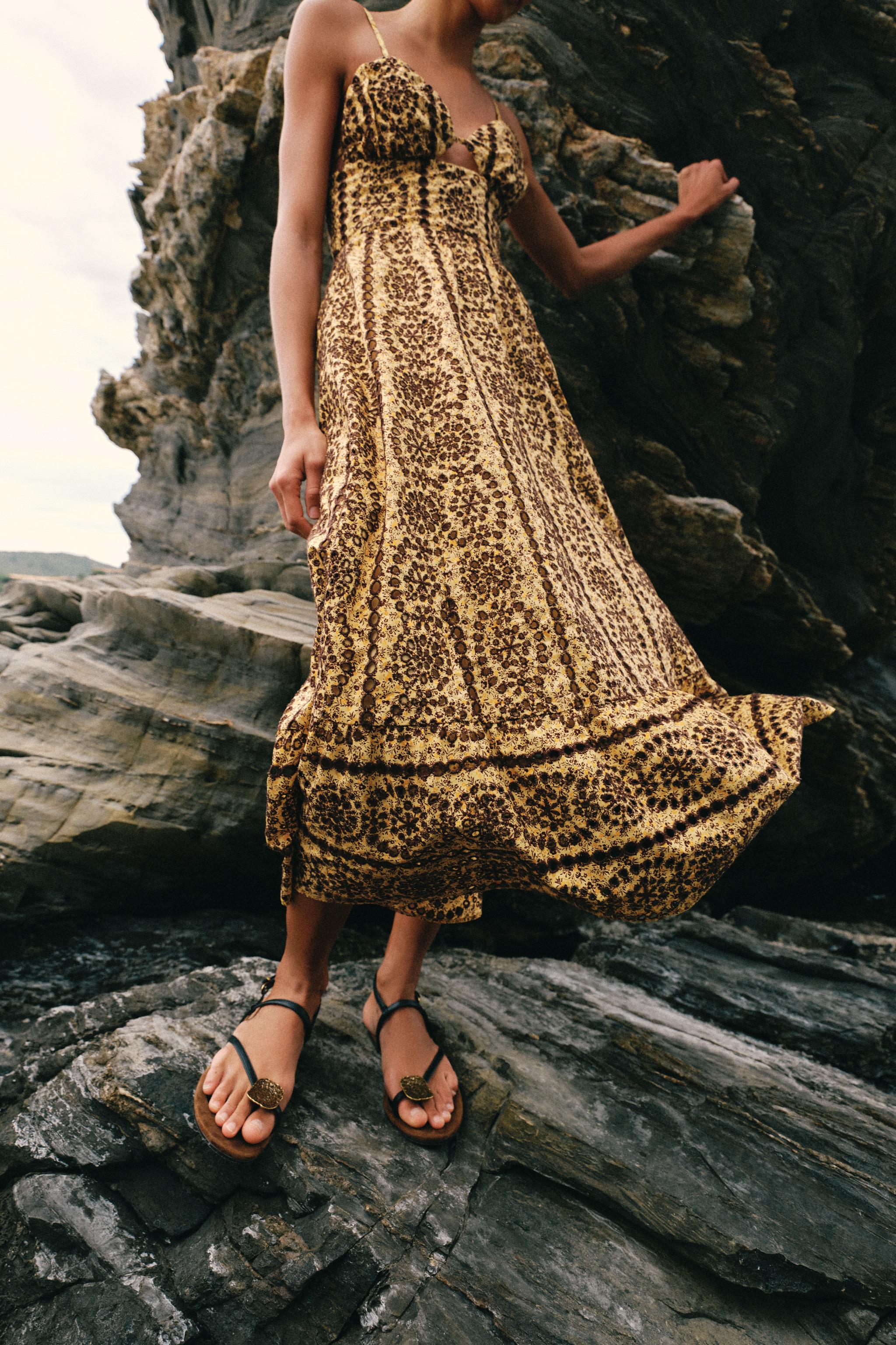 CUT-OUT EMBROIDERED EYELET MIDI DRESS