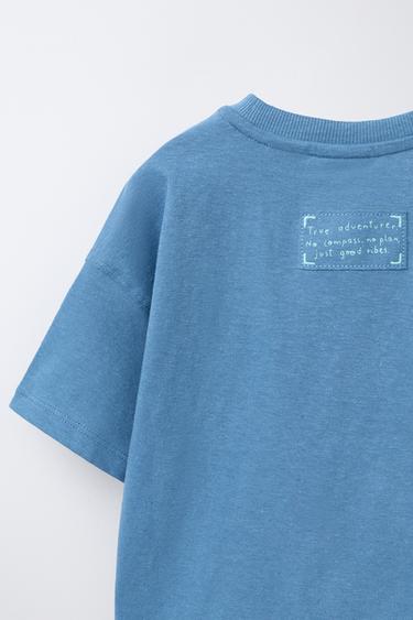 COTTON AND LINEN TEXT T-SHIRT - Mid-blue by Zara - Image 3