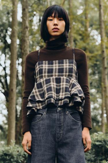 Zara 格紋荷葉邊上衣 - 棕色-藍色