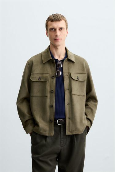FAUX SUEDE OVERSHIRT - Olive green by Zara