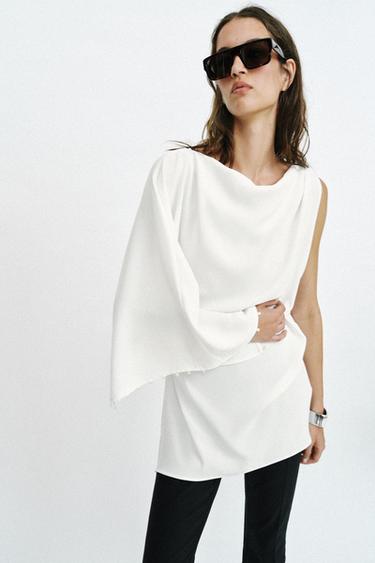 Zara ASYMMETRIC PEARL TUNIC BLOUSE - Oyster-white