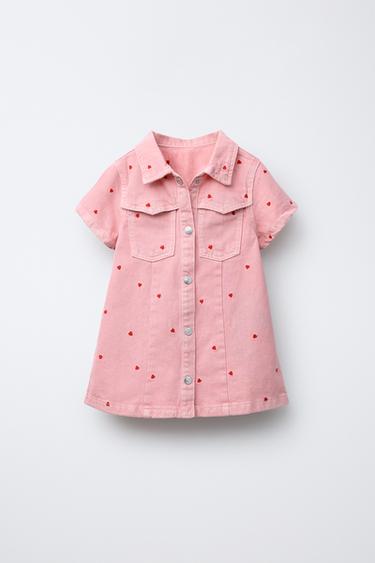 TWILL SKATER DRESS WITH EMBROIDERED HEARTS - Pink by Zara - Image 0