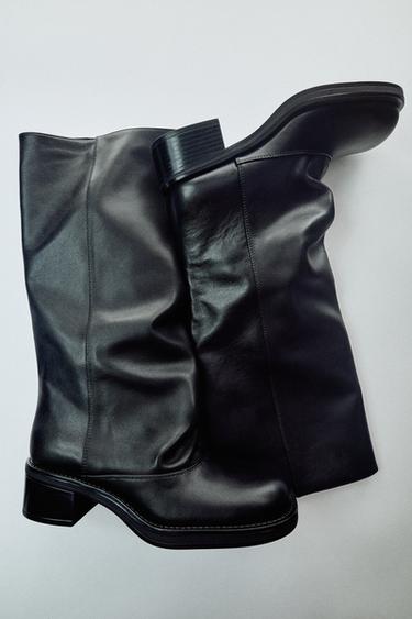 Zara LEATHER BIKER BOOTS - Black