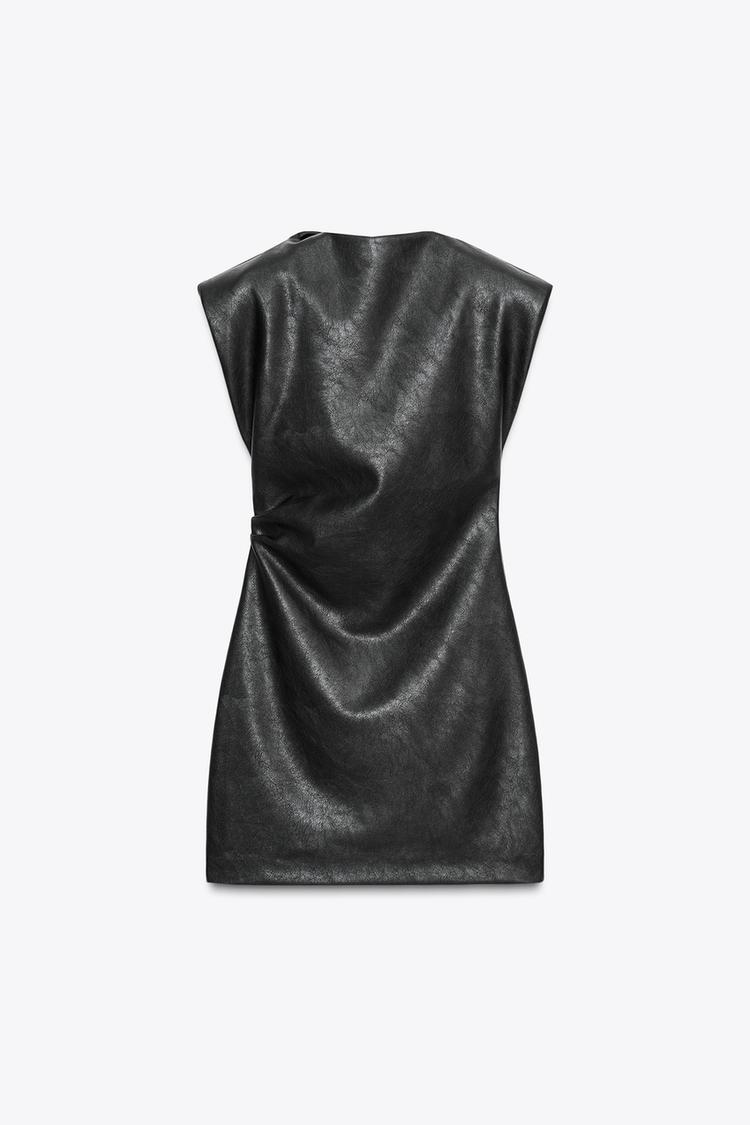 FAUX LEATHER SHORT DRESS WITH SHOULDER PADS