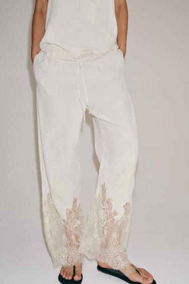 HOSE IM PYJAMA-STIL MIT SPITZE ZW COLLECTION - Cremefarben von Zara