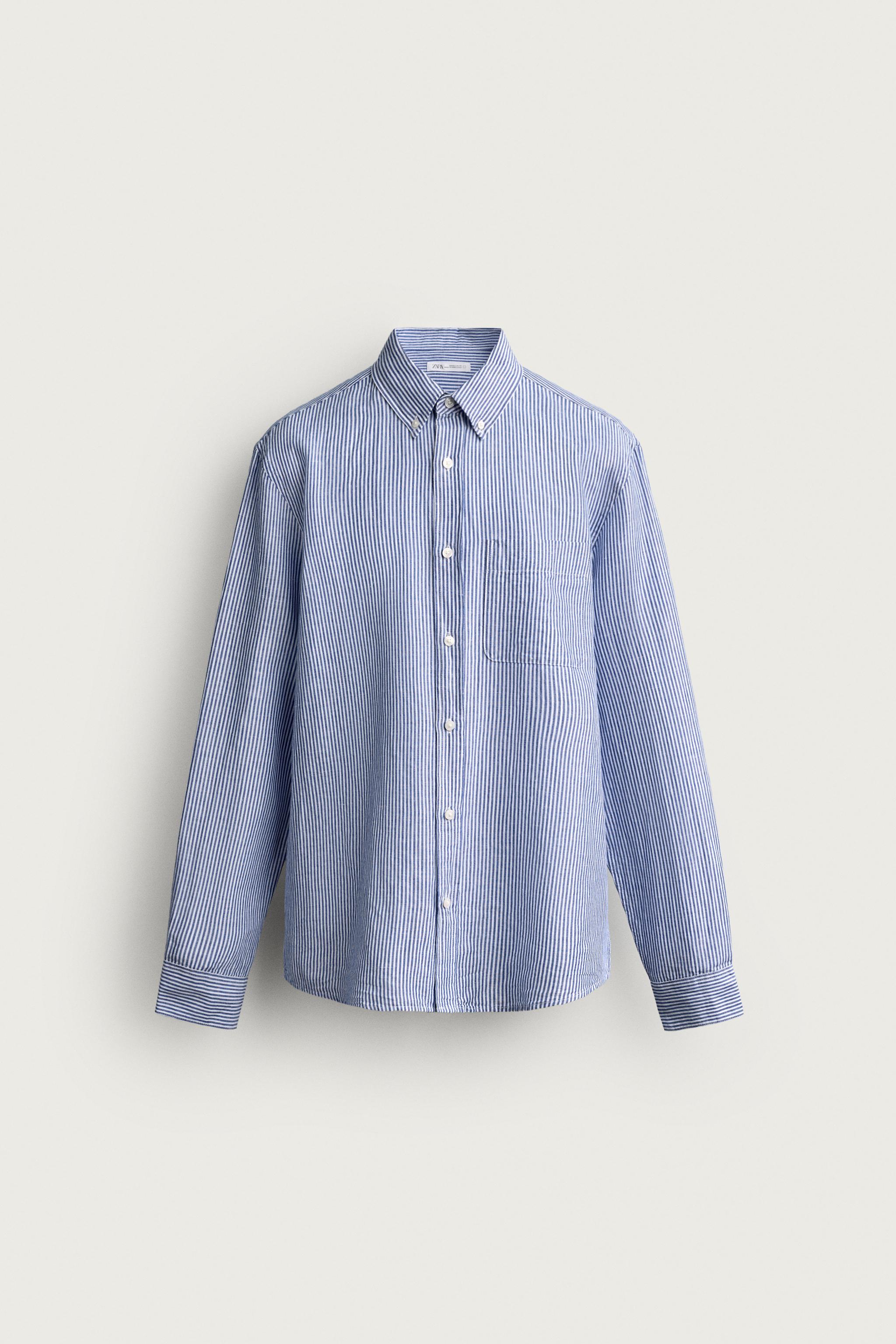 LINEN COTTON BLEND REGULAR FIT SHIRT — White / Sky blue