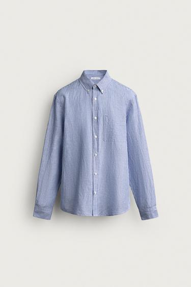 Zara STRIPED LINEN COTTON REGULAR FIT SHIRT - White / Sky blue