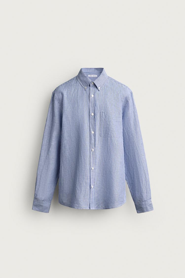 LINEN COTTON BLEND REGULAR FIT SHIRT — White / Sky blue
