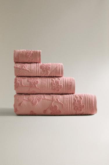 Zara FLORAL JACQUARD BATH TOWEL - 粉紅色