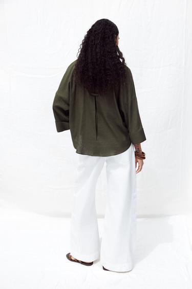 CHEMISE MANCHE LARGE AVEC LIN - Kaki foncé de Zara - Image 2