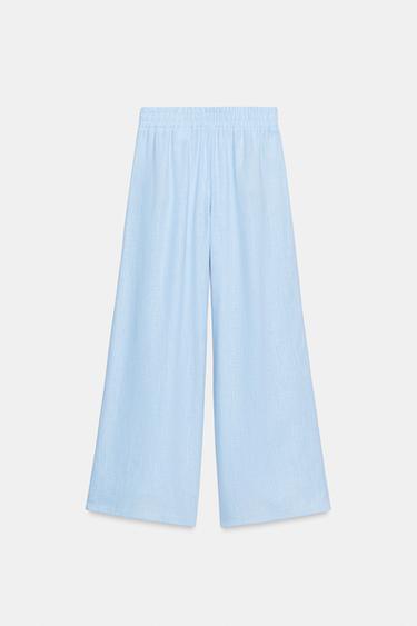 LINEN BLEND WIDE-LEG TROUSERS - Light blue by Zara - Image 6