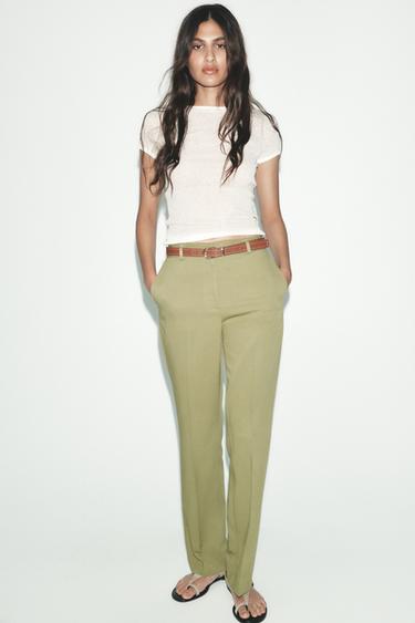 PANTALÓN RECTO CINTURÓN - Verde gris de Zara