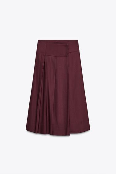 Zara PLEATED MIDI SKIRT ZW COLLECTION - Burgundy