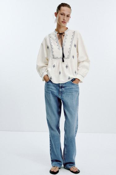 RUSTIC EMBROIDERED BLOUSE - White / Navy by Zara