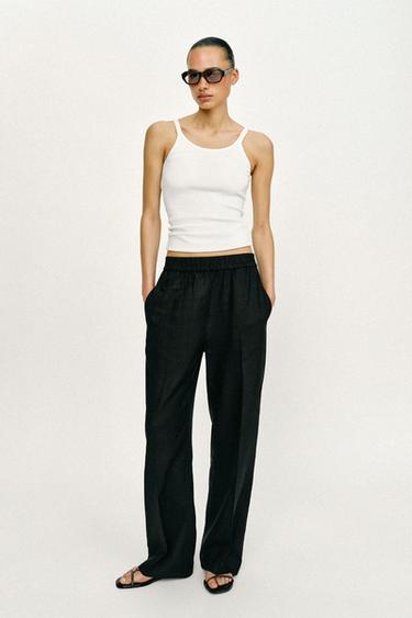PrinStory Dames lichtgewicht rechte pijpen broek met elastische taille zomer broek met trekkoord dames broek met zakken, Donkergrijs, M
