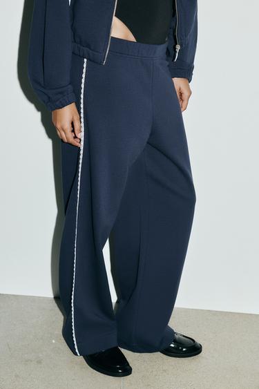 WIDE PLUSH TROUSERS WITH LACE - Navy blue by Zara