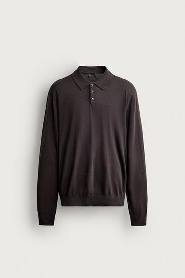 Zara LIGHTWEIGHT COTTON-BLEND KNIT POLO - Chocolate
