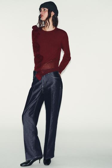FLORAL TEXTURED KNIT JUMPER - Burgundy by Zara - Image 0