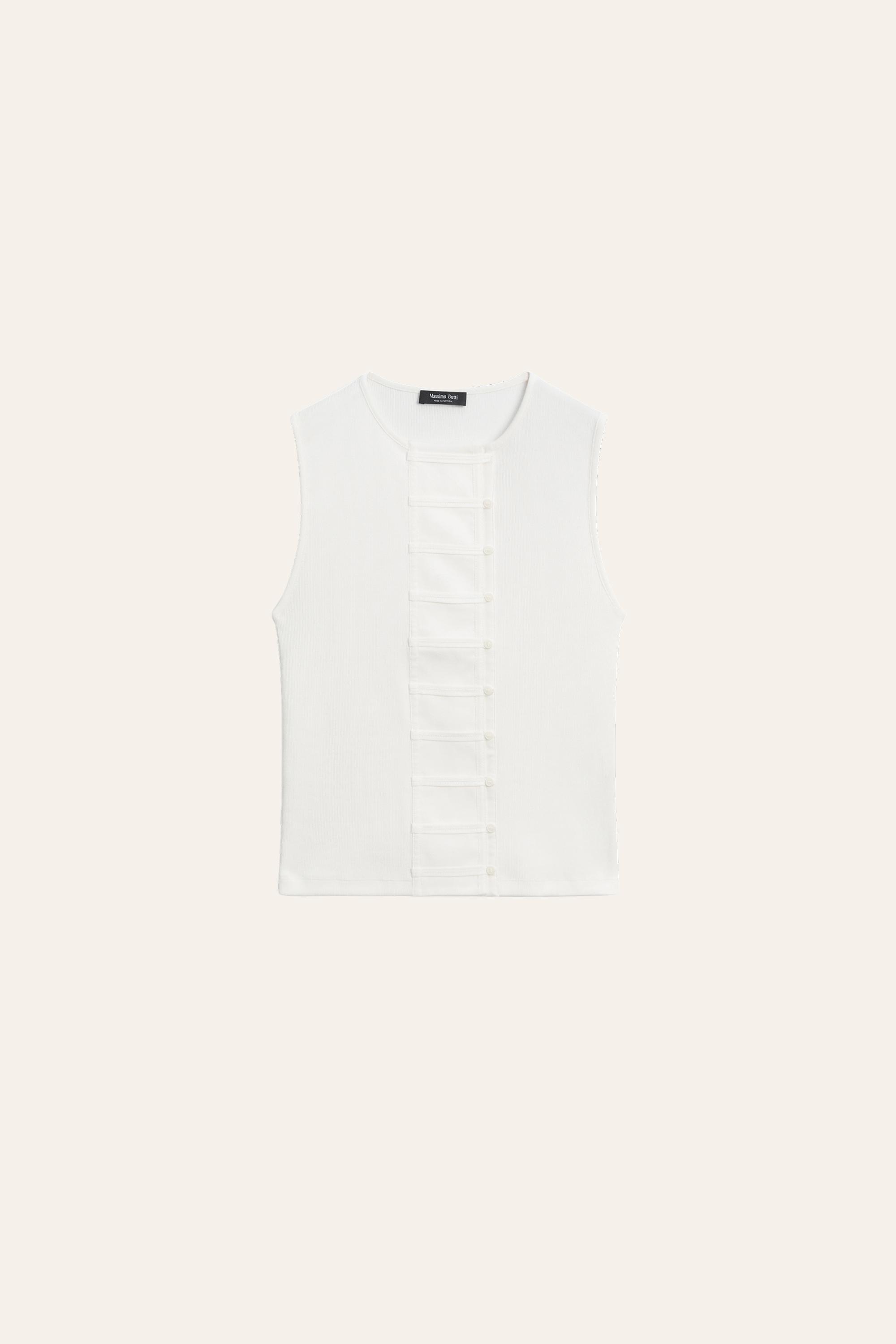 Cotton blend bib detail T-shirt — Oyster-white