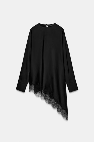 Zara ASYMMETRIC LACE BLOUSE ZW COLLECTION LIMITED EDITION - Black