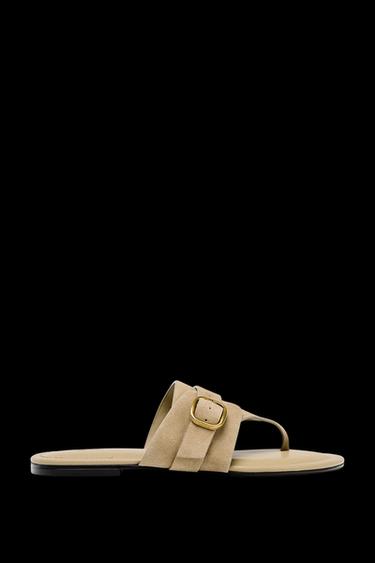 Zara SPLIT LEATHER BUCKLE SANDALS - Sandy Brown - Image 0
