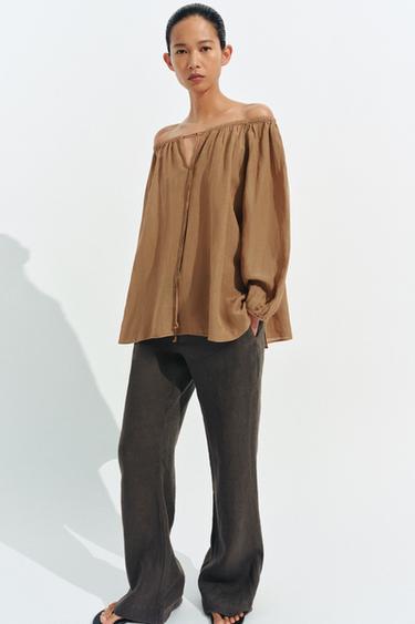 ZW COLLECTION LINEN BLEND BLOUSE - Toffee by Zara