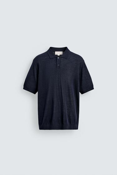 POLO EN MAILLE SOIE ET LIN - Bleu marine foncé de Zara