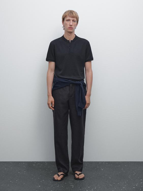 Ribbed polo shirt with stand collar