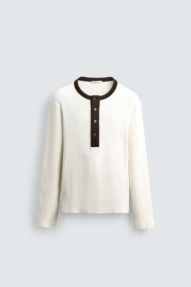 PLAYERA CANALÉ CUELLO COMBINADO - Blanco roto de Zara