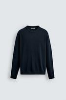 Front view of a navy regular fit jumper with a round neck, long sleeves, and ribbed trims.