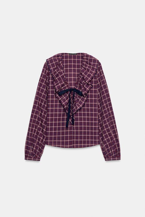 KOSTKOVANÁ BLŮZA S VÁZAČKOU - červená/navy od Zara - Obrázek 0