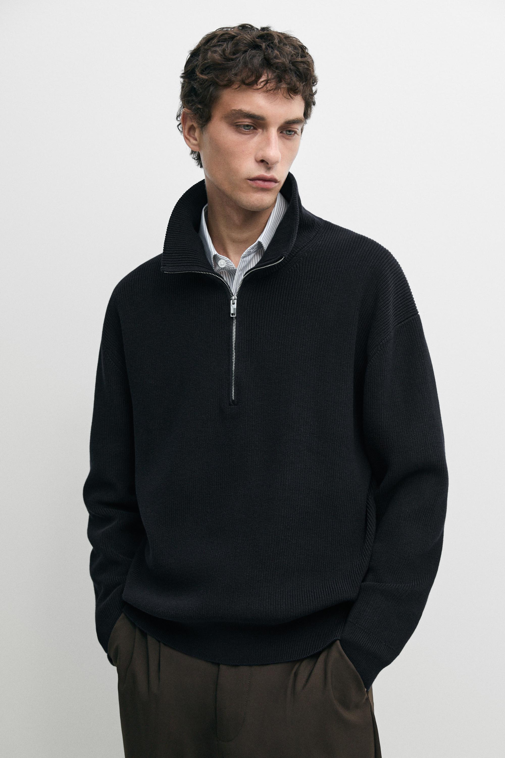 100% cotton mock neck knit sweater — Navy blue