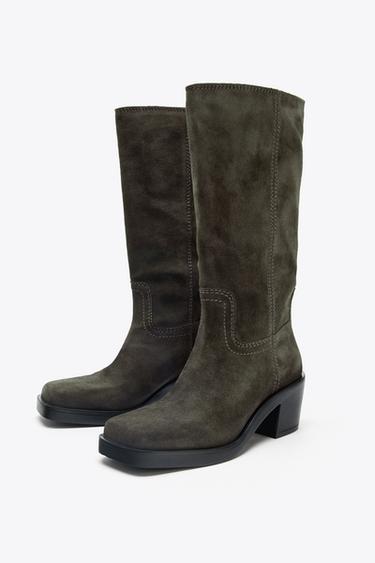BOTTES EN CROÛTE DE CUIR À SURPIQÛRES - Vert kaki de Zara - Image 2
