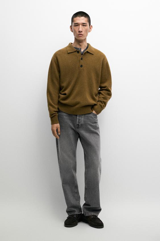 Zara 100% wool knit polo sweater with button detail - Washed green - Image 0