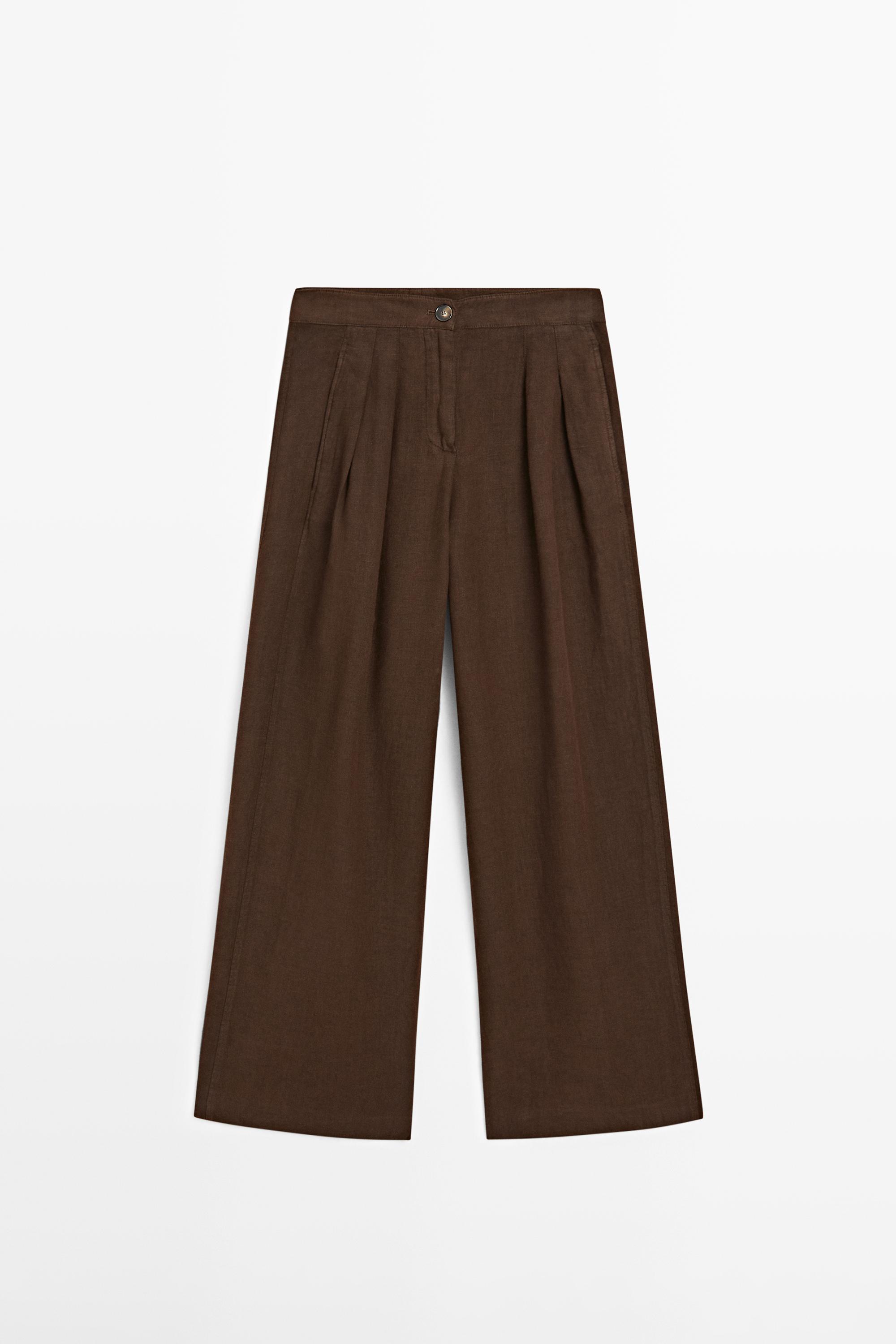 100% linen wide-leg pleated trousers — Mink marl