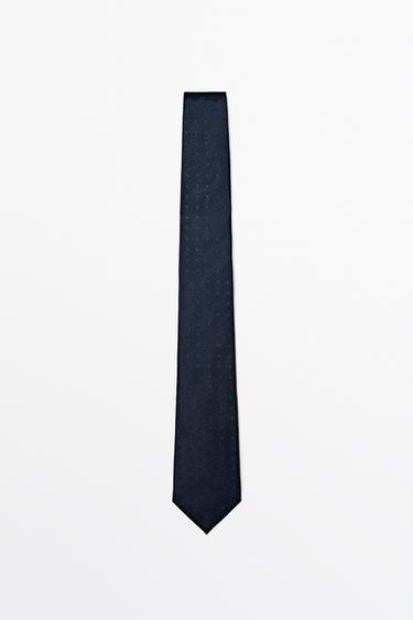 Zara 100% silk tie with embroidered detail - Navy blue - Image 0