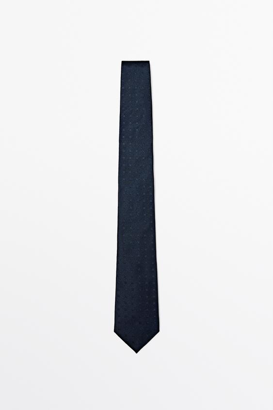 Zara 100% silk tie with embroidered detail - Navy blue - Image 0
