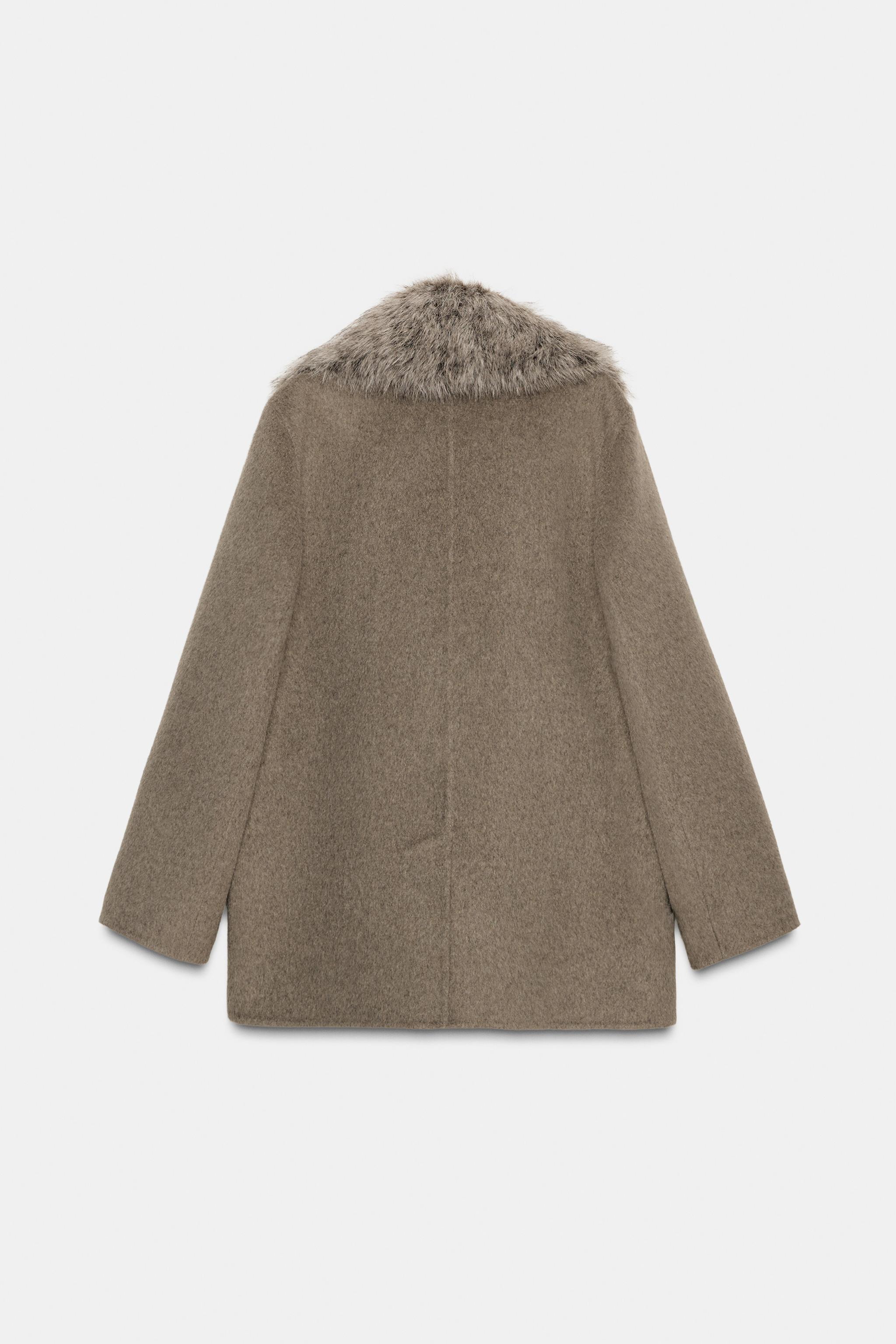 WOOL BLEND FAUX FUR COLLAR JACKET ZW COLLECTION - Brown / Taupe
