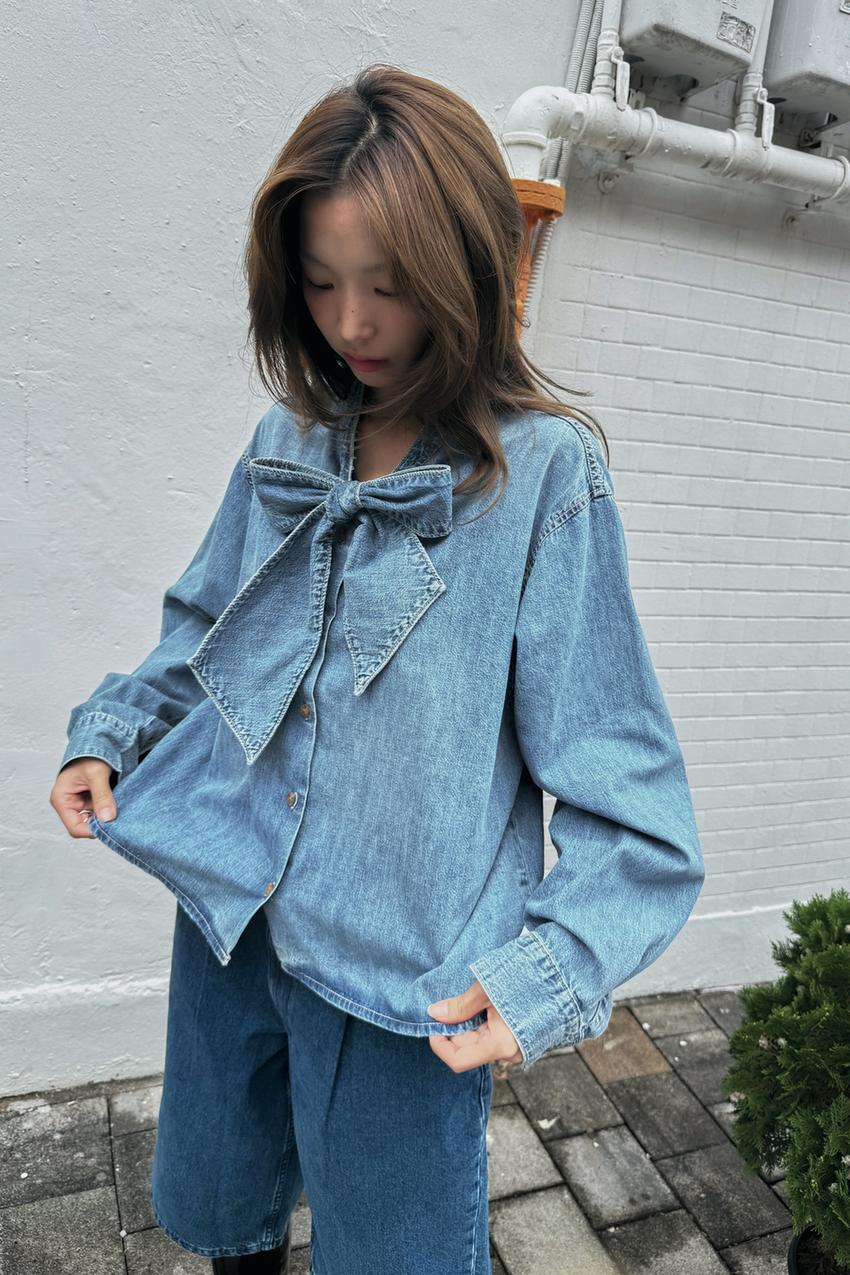 デニムシャツ TRF リボン - ブルー | ZARA Japan / 日本