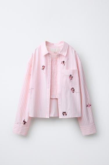 Zara STRIPED FLORAL SEQUIN SHIRT AND TOP - Pastel pink - Image 0