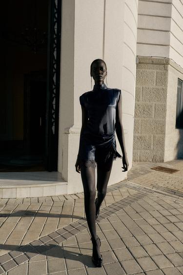 FUSTAN MINI SATENI ME KOMBINIM DANTELLE - Blu marinari nga Zara