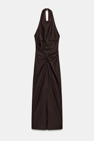 ROBE MI-LONGUE EN LIN À ENCOLURE AMÉRICAINE - Marron foncé de Zara - Image 7