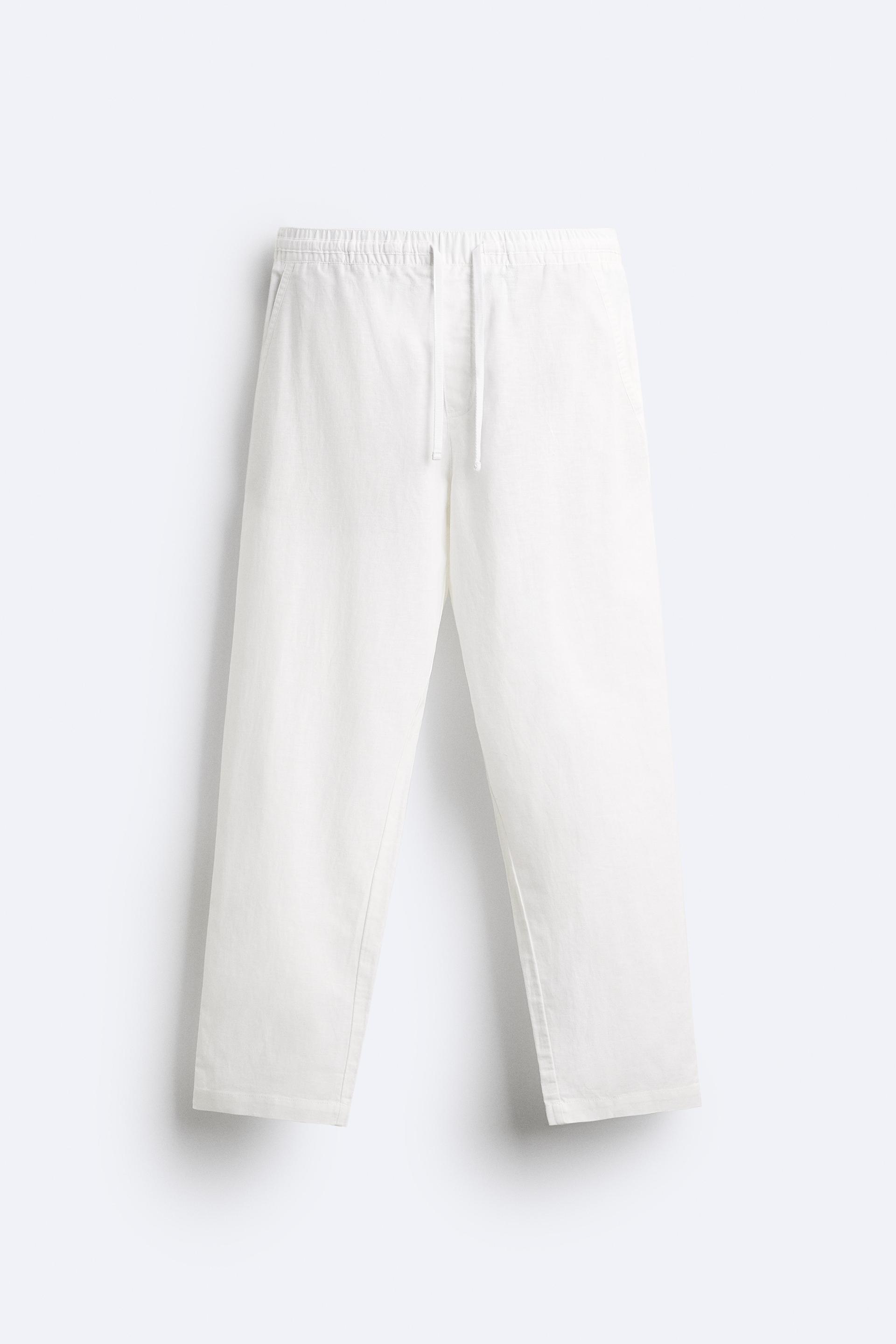 ZARA White Geometric Embroidered Linen Blend Pants Trousers Size