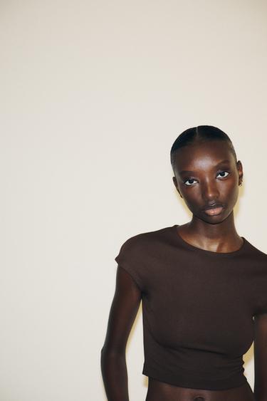 CAMISETA CROP ALGODÓN MODAL - Marrón de Zara
