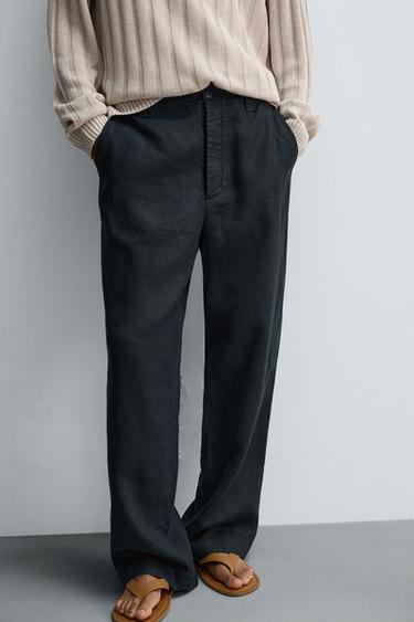 100% LINEN STRAIGHT-LEG TROUSERS - Dark navy by Zara