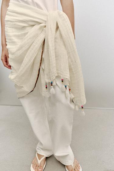 LINEN BEAD AND POMPOM SCARF — Ecru 2