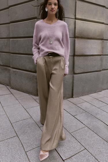 PANTALON LARGE SATINÉ CEINTURE - Marron / Taupe de Zara - Image 0