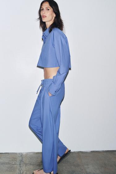 PANTALON STYLE PYJAMA EN POPELINE - Bleu indigo de Zara - Image 4