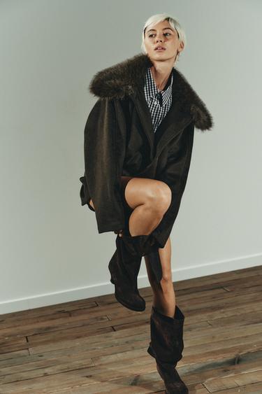WOOL COAT WITH FAUX FUR COLLAR - Dark khaki by Zara - Image 3