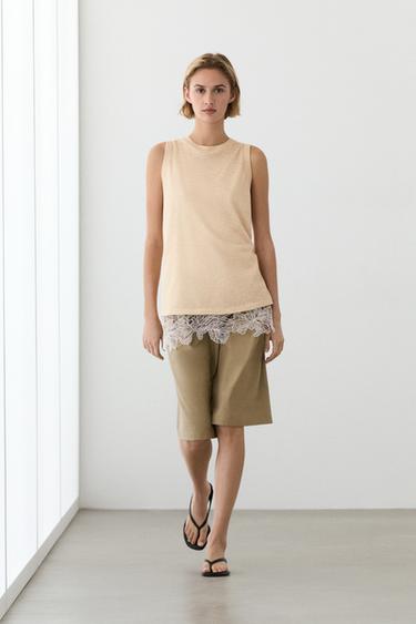 Zara Sleeveless top with lace detail - Light brown - Image 0